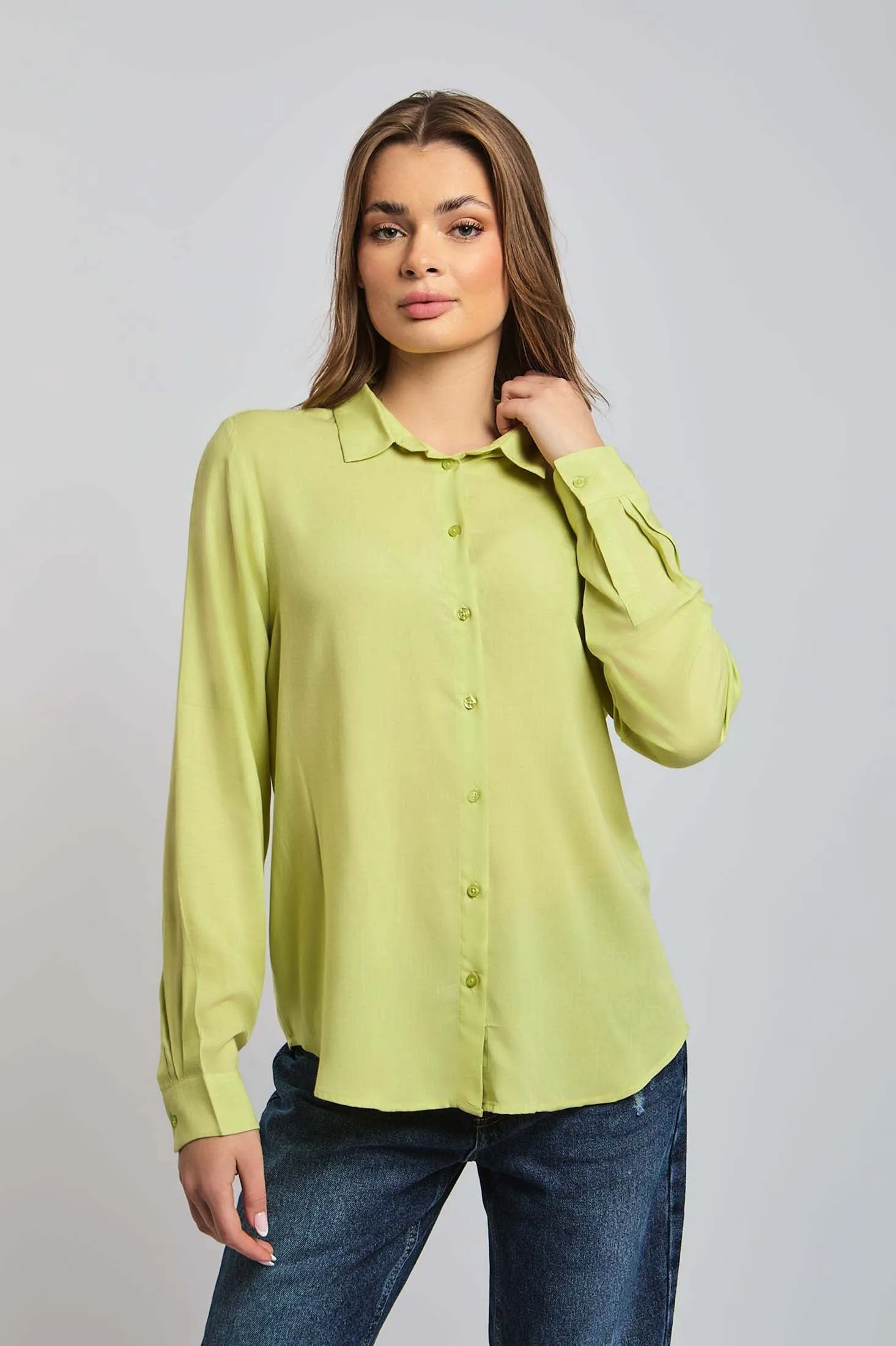 Women Blouse Long Sleeve Viscose Basic Green