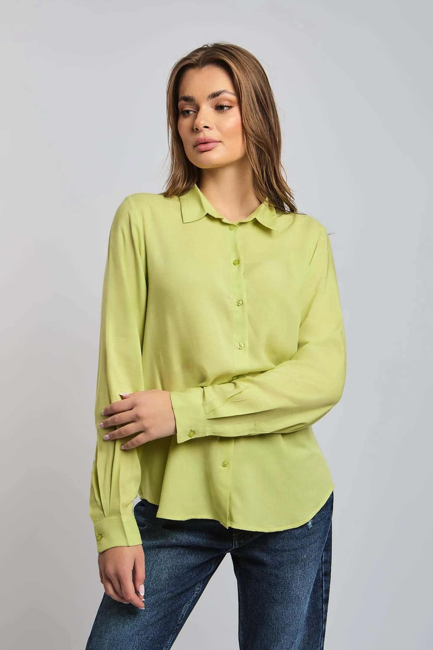 Women Blouse Long Sleeve Viscose Basic Green