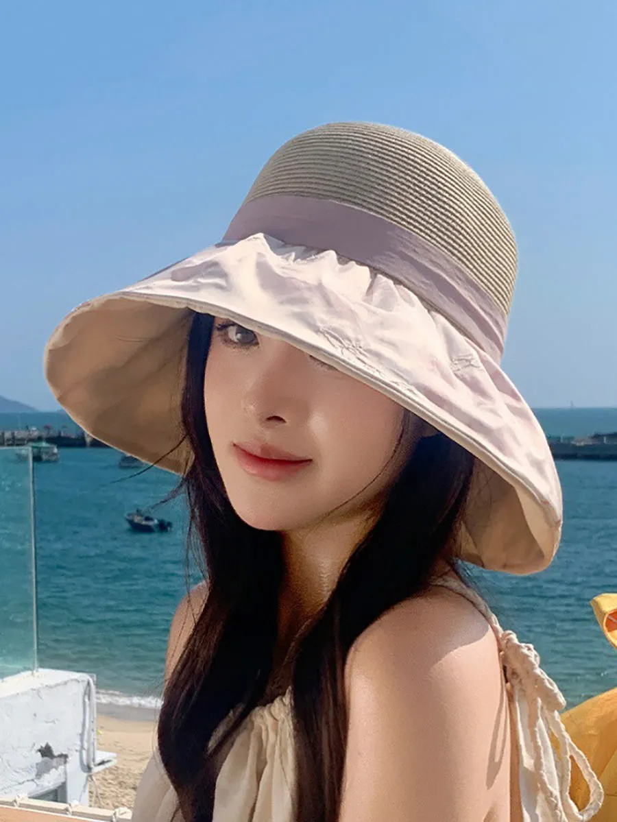 Women Summer Straw Spliced Embroidery Sunproof Hat