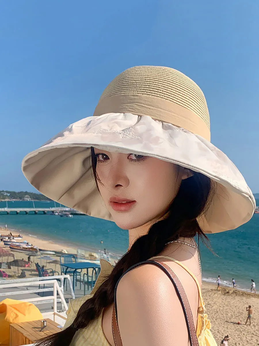 Women Summer Straw Spliced Embroidery Sunproof Hat