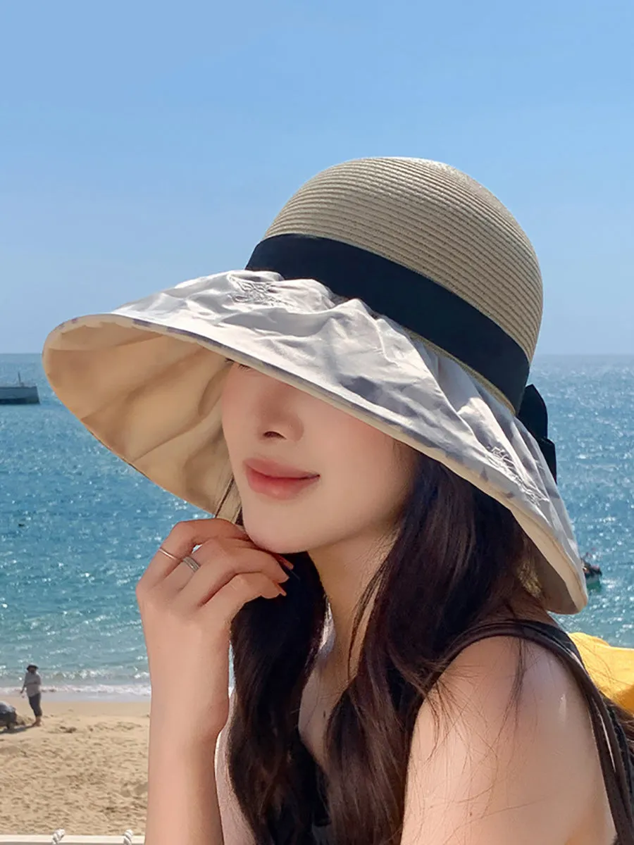 Women Summer Straw Spliced Embroidery Sunproof Hat