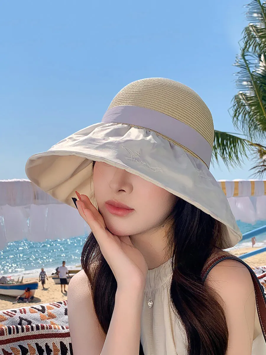 Women Summer Straw Spliced Embroidery Sunproof Hat