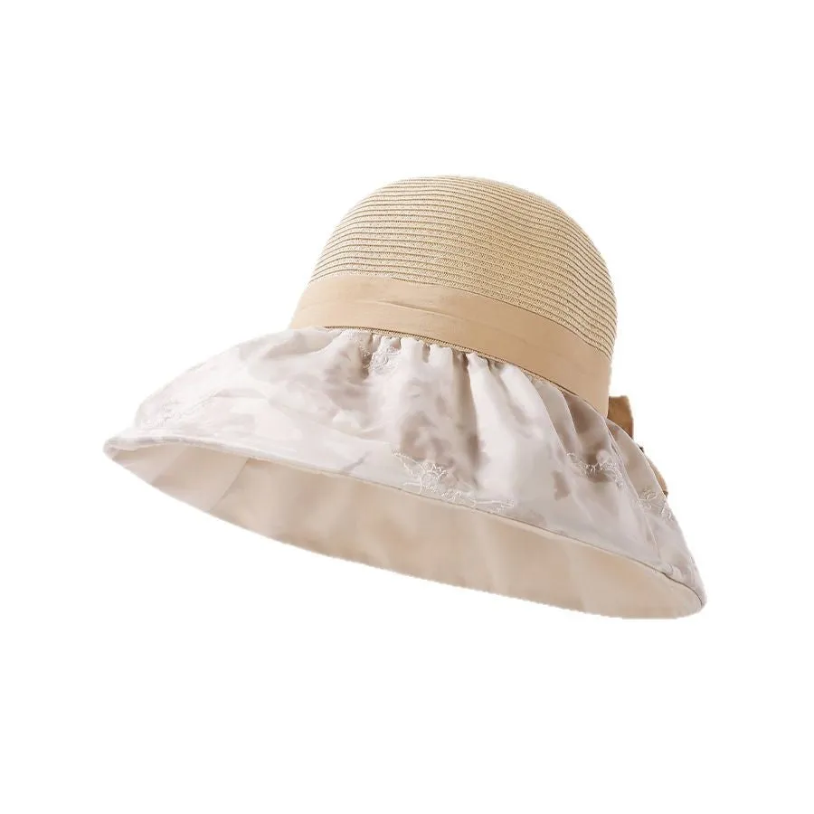 Women Summer Straw Spliced Embroidery Sunproof Hat