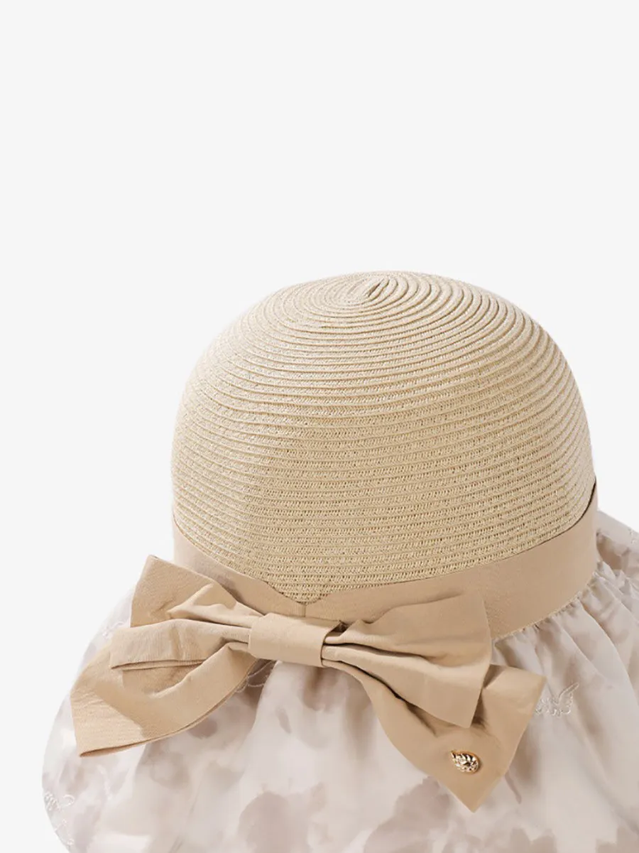 Women Summer Straw Spliced Embroidery Sunproof Hat