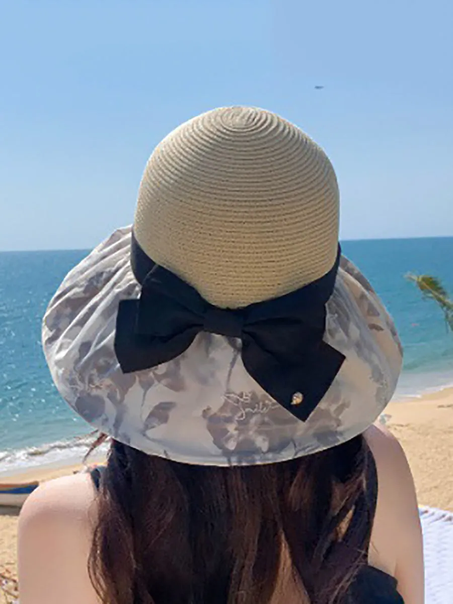 Women Summer Straw Spliced Embroidery Sunproof Hat