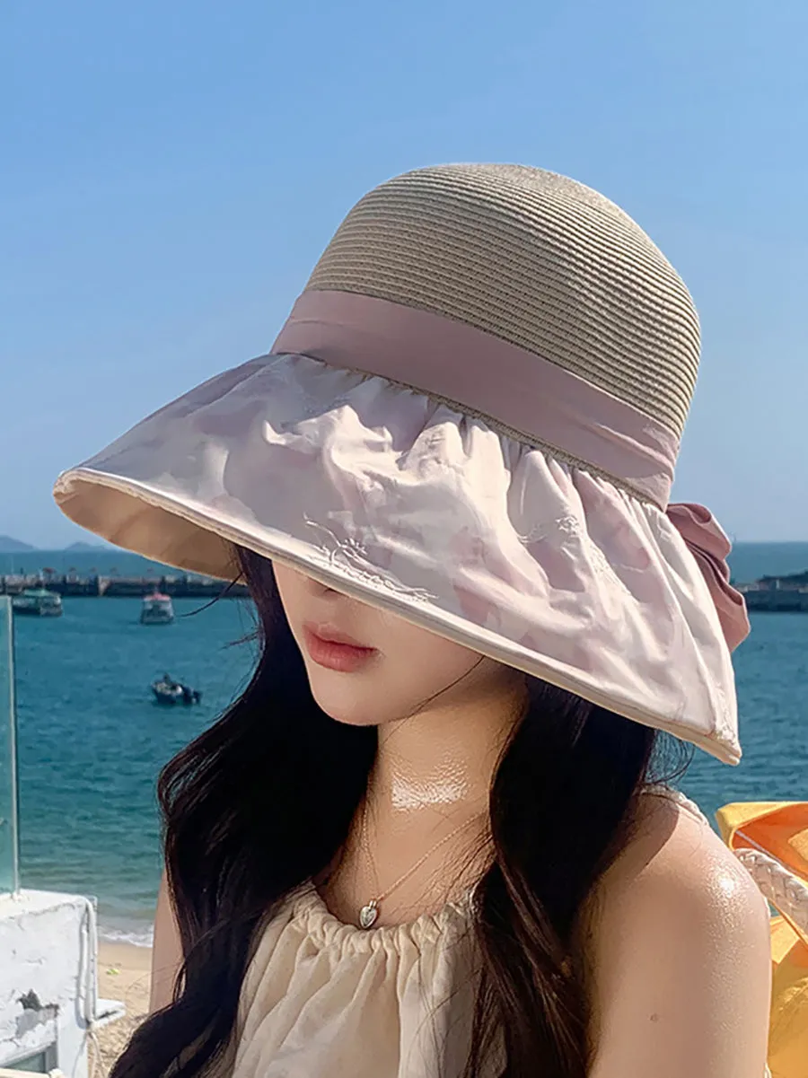 Women Summer Straw Spliced Embroidery Sunproof Hat