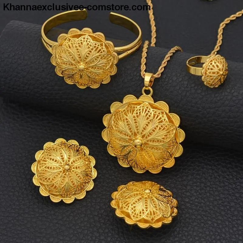 Women's African Jewelry Pendant Necklace Earrings Ring Bangles 18K Gold plated Wedding Set
