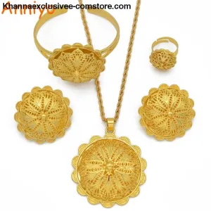 Women's African Jewelry Pendant Necklace Earrings Ring Bangles 18K Gold plated Wedding Set