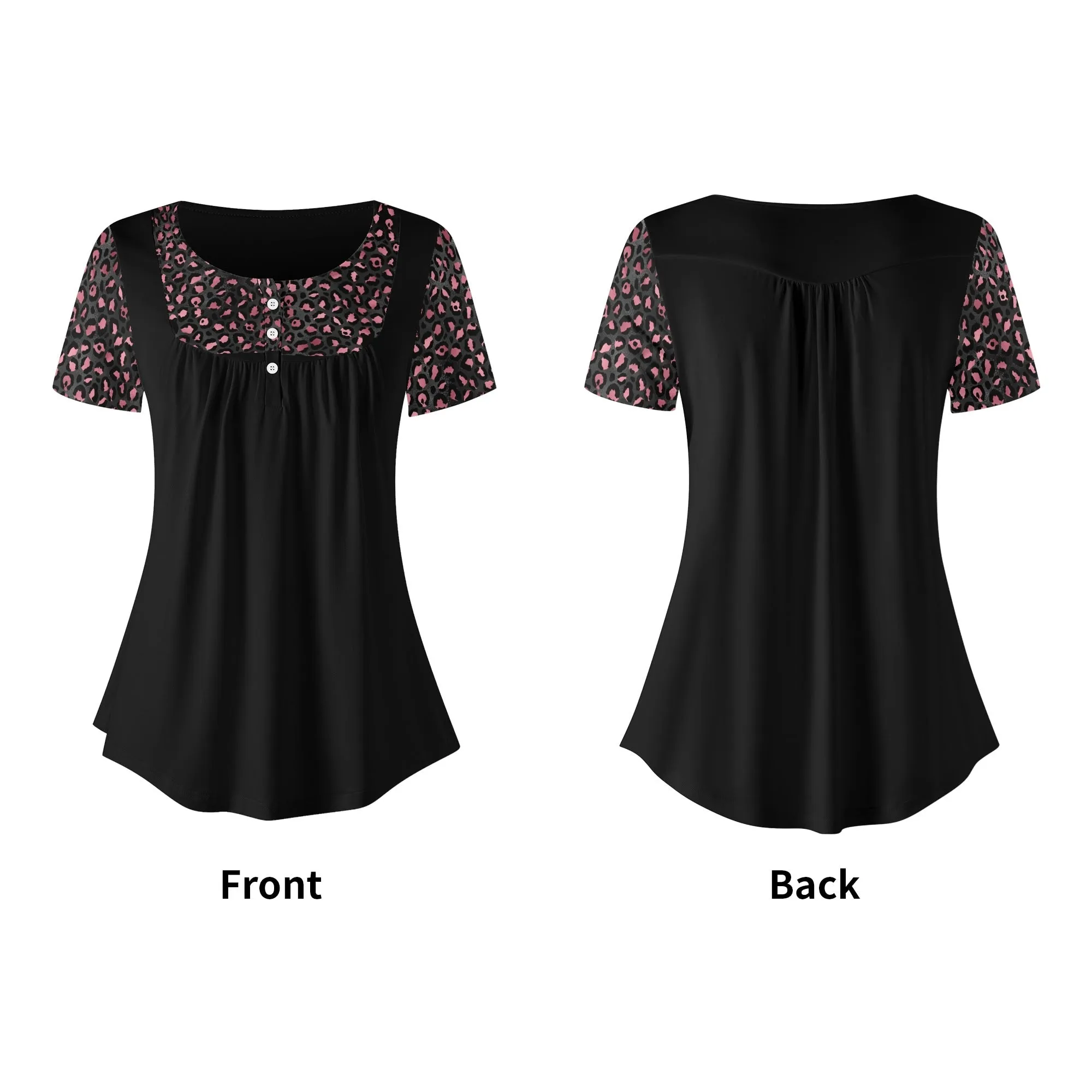 Women's Leopard Print Scoop Neck Short Sleeve Loose Blouse