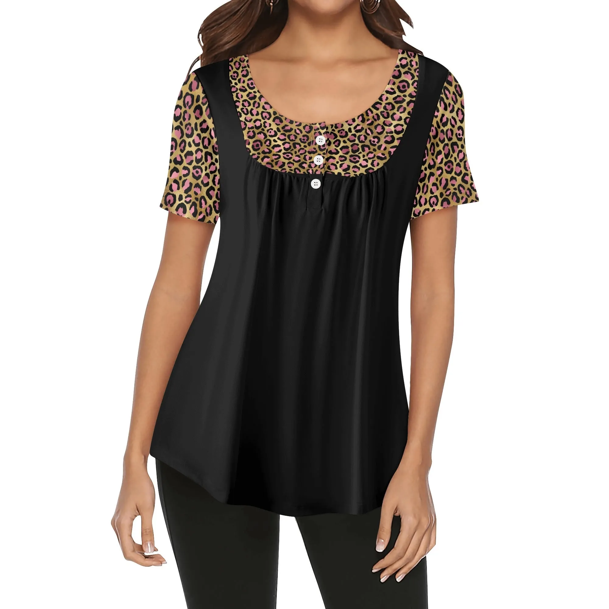 Women's Leopard Print Scoop Neck Short Sleeve Loose Blouse