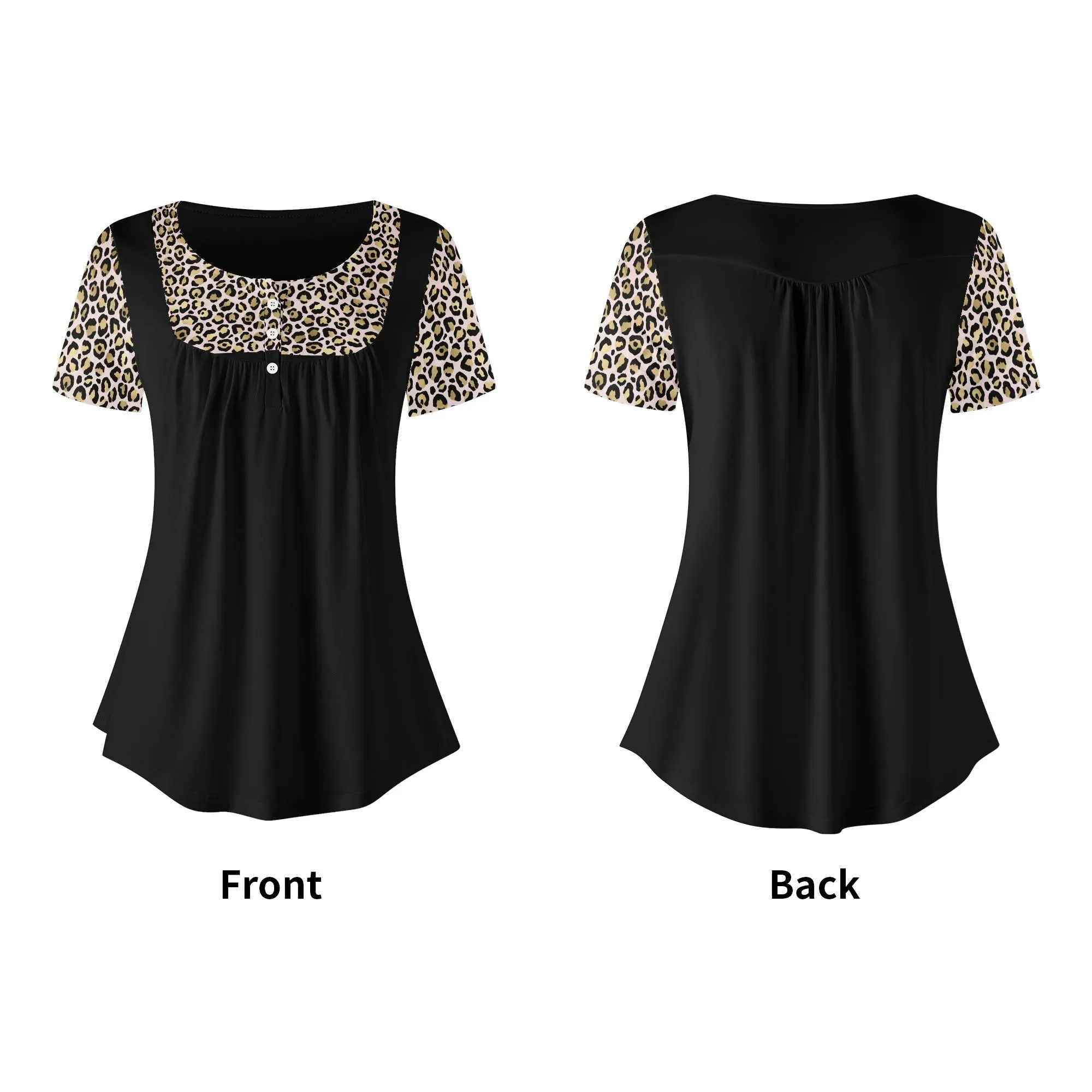 Women's Leopard Print Scoop Neck Short Sleeve Loose Blouse