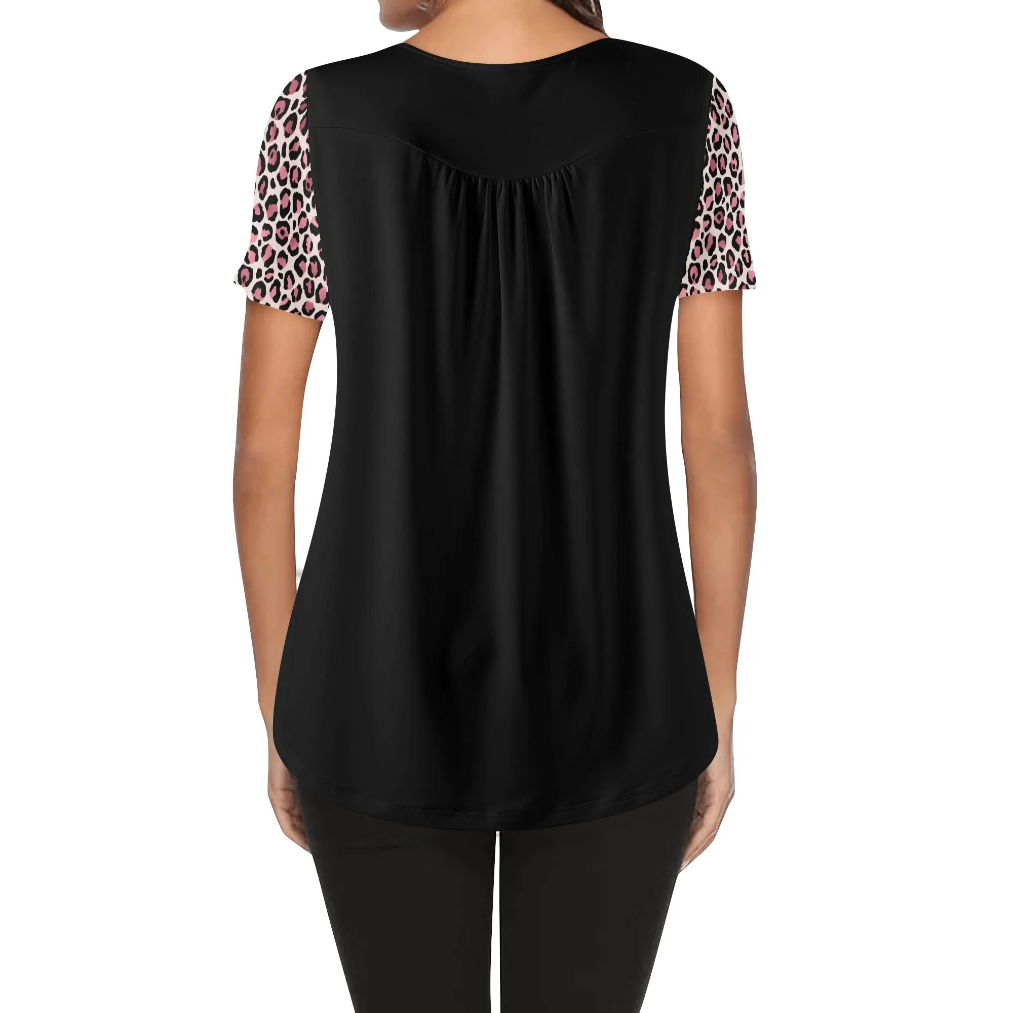 Women's Leopard Print Scoop Neck Short Sleeve Loose Blouse