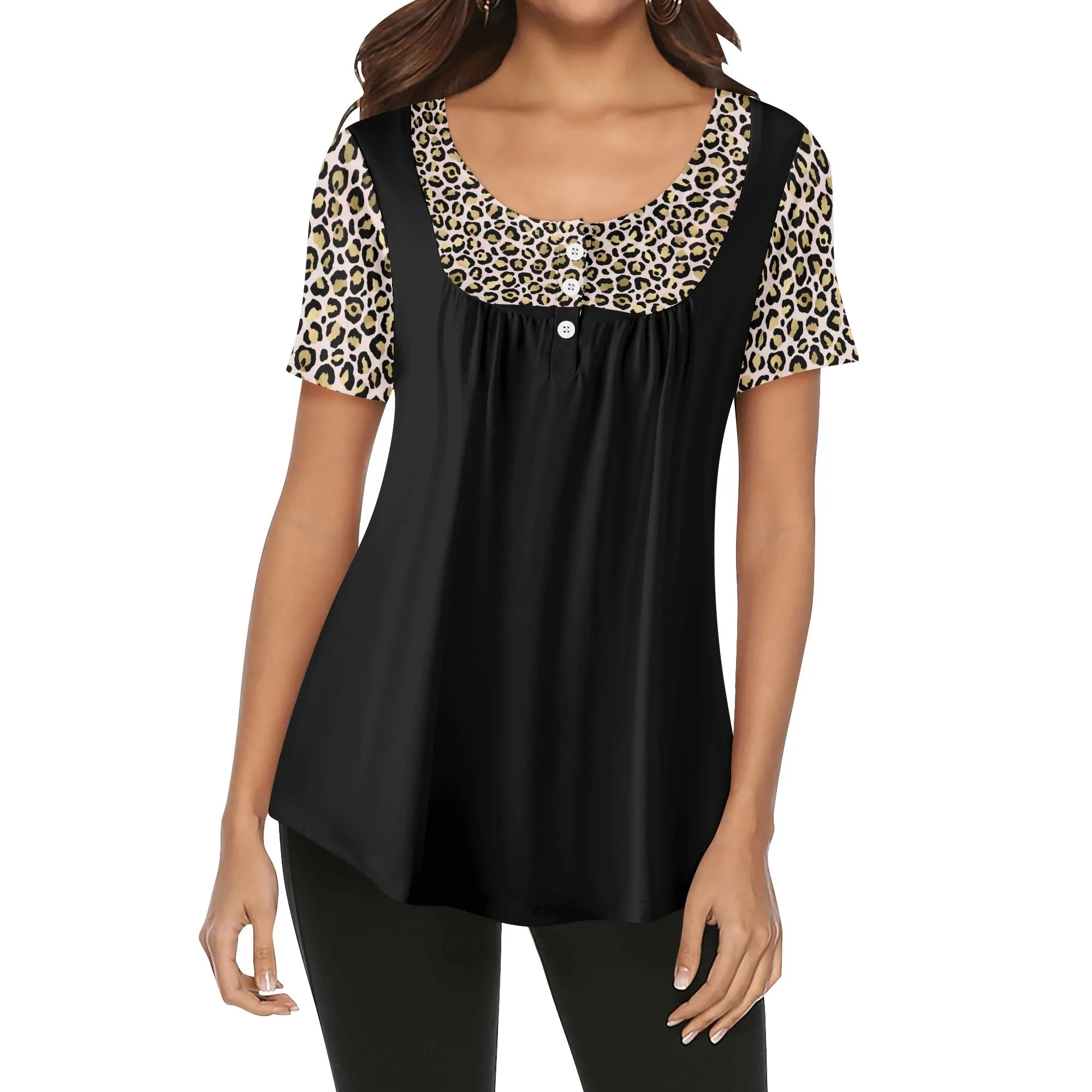 Women's Leopard Print Scoop Neck Short Sleeve Loose Blouse