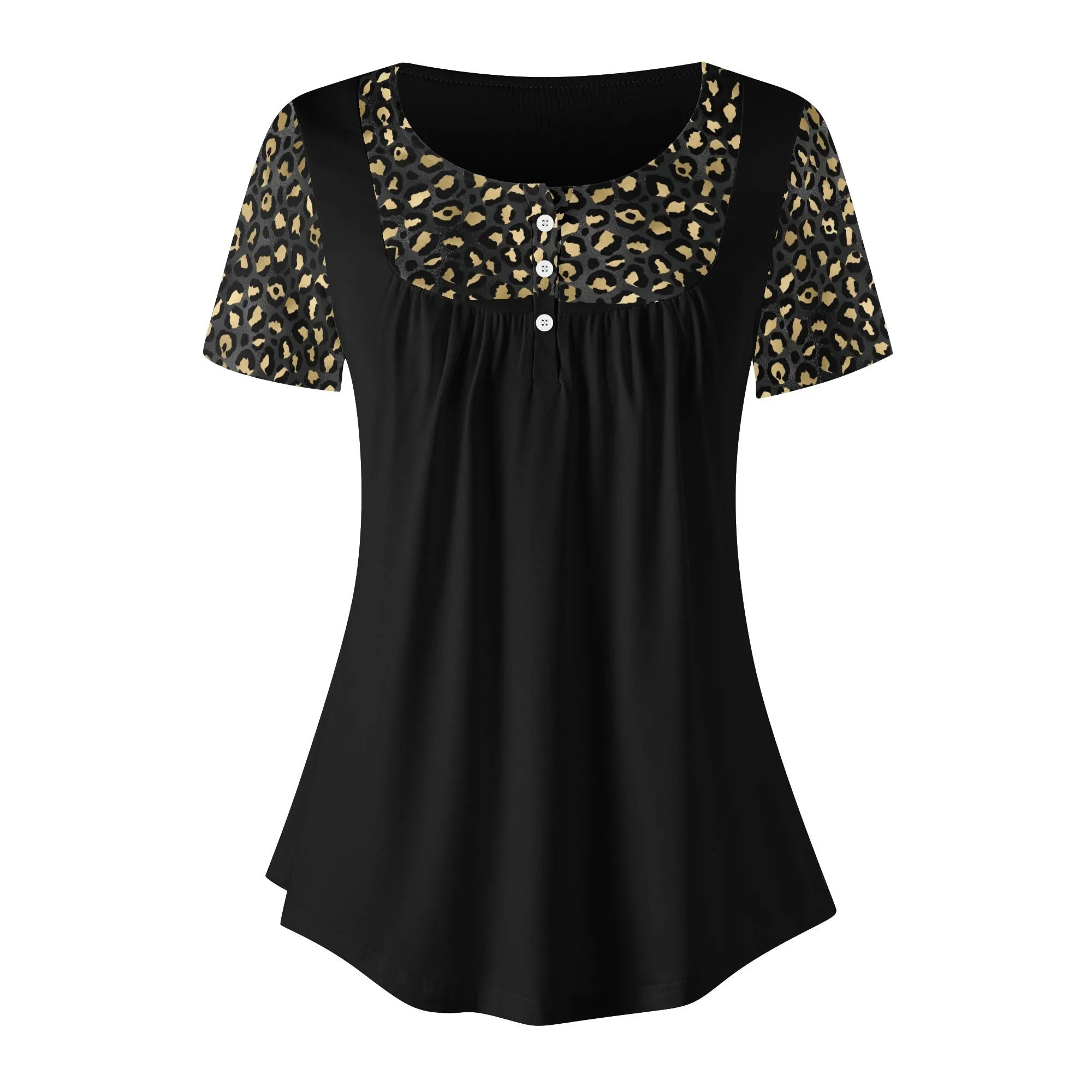 Women's Leopard Print Scoop Neck Short Sleeve Loose Blouse