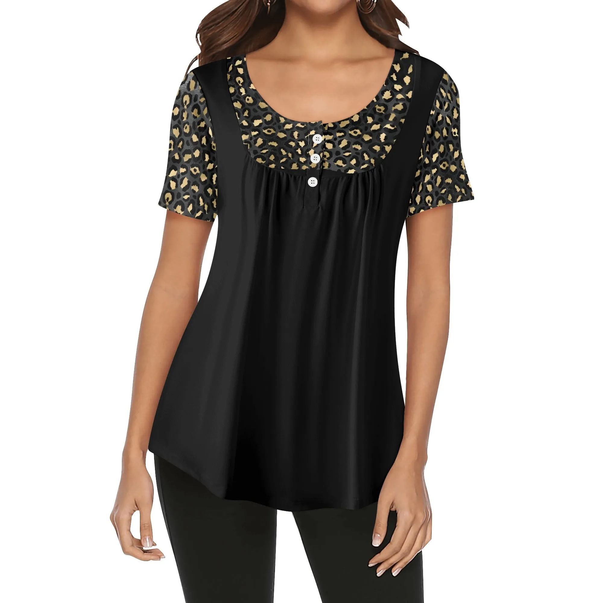 Women's Leopard Print Scoop Neck Short Sleeve Loose Blouse