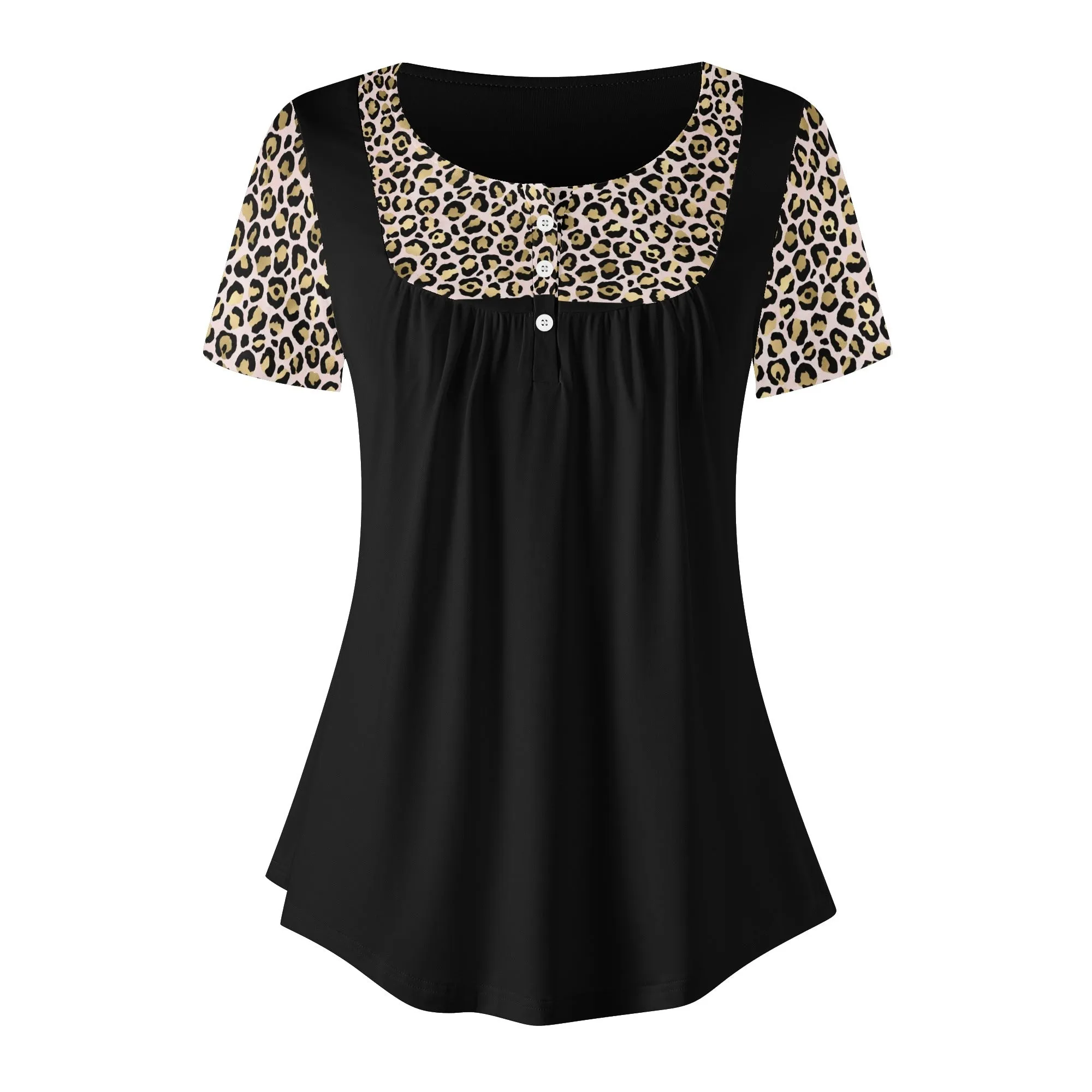 Women's Leopard Print Scoop Neck Short Sleeve Loose Blouse