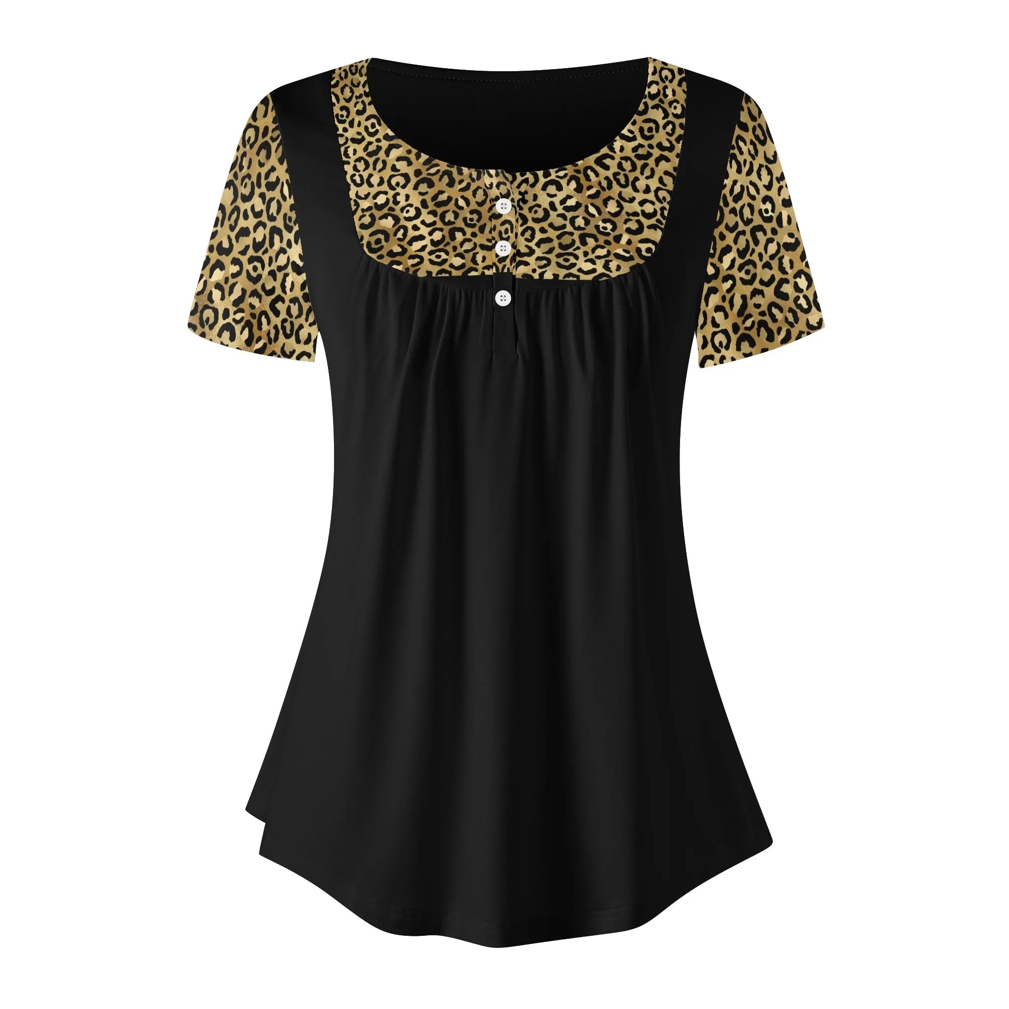 Women's Leopard Print Scoop Neck Short Sleeve Loose Blouse