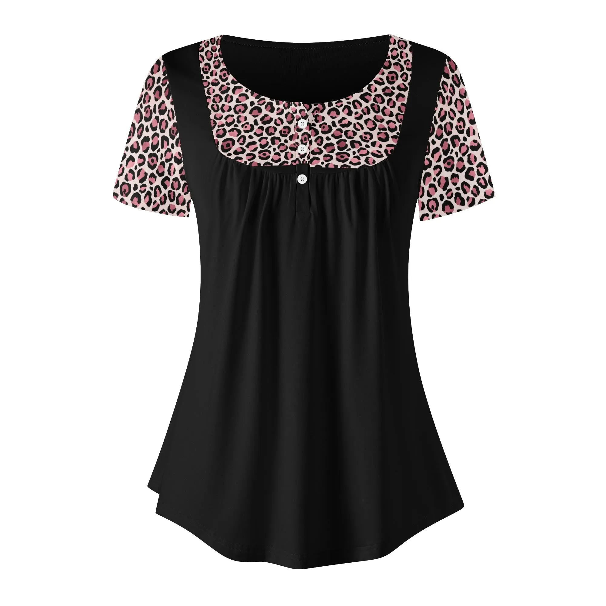Women's Leopard Print Scoop Neck Short Sleeve Loose Blouse