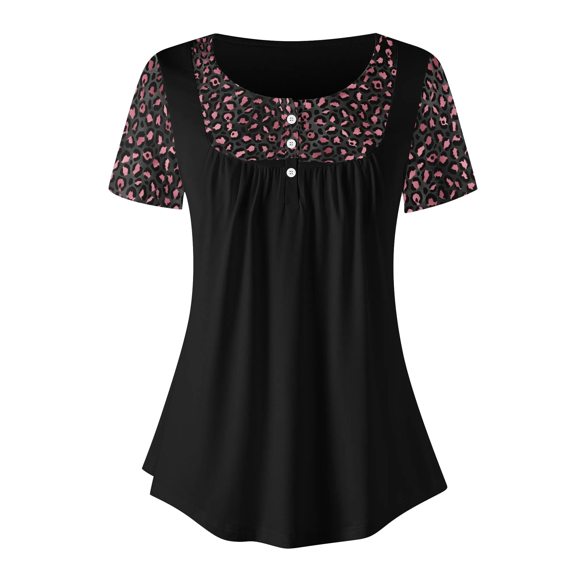 Women's Leopard Print Scoop Neck Short Sleeve Loose Blouse