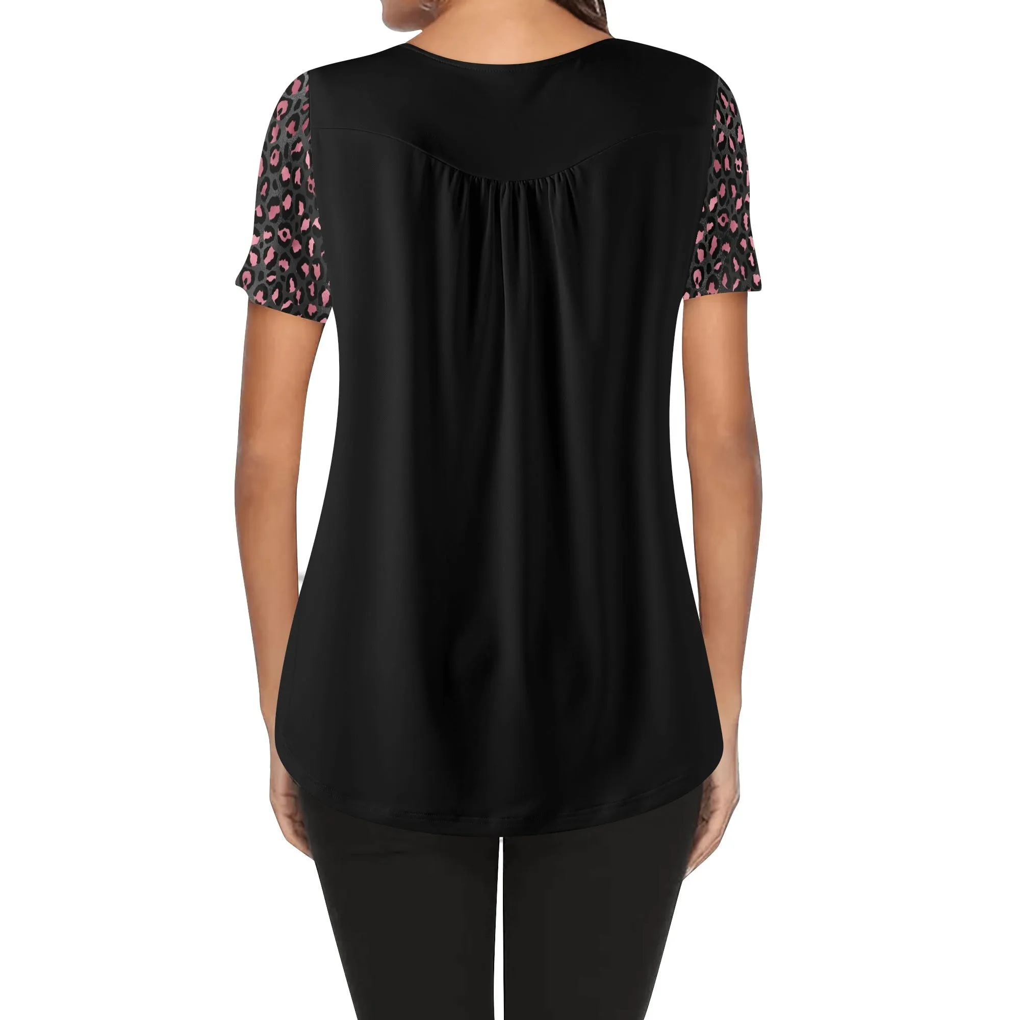 Women's Leopard Print Scoop Neck Short Sleeve Loose Blouse