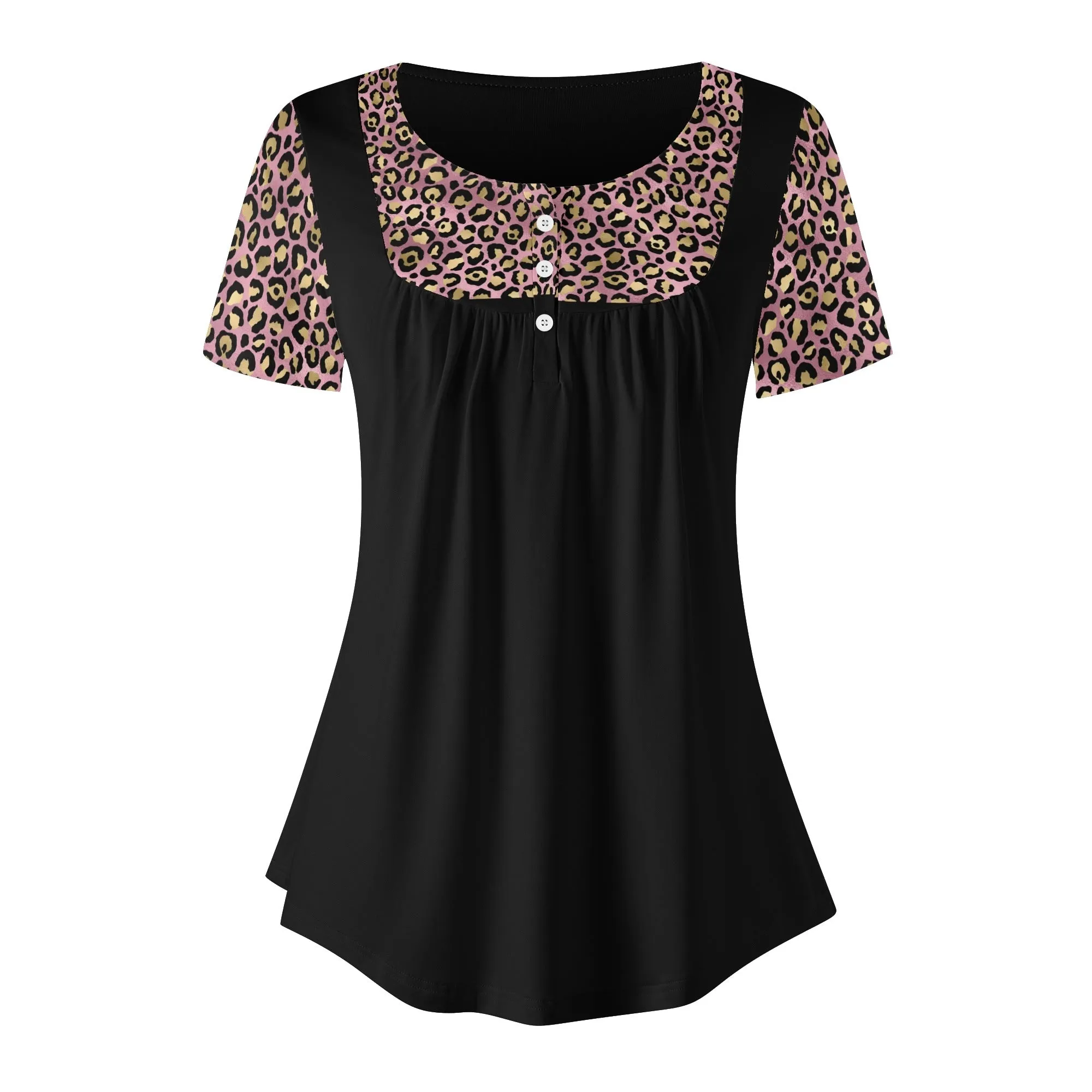 Women's Leopard Print Scoop Neck Short Sleeve Loose Blouse