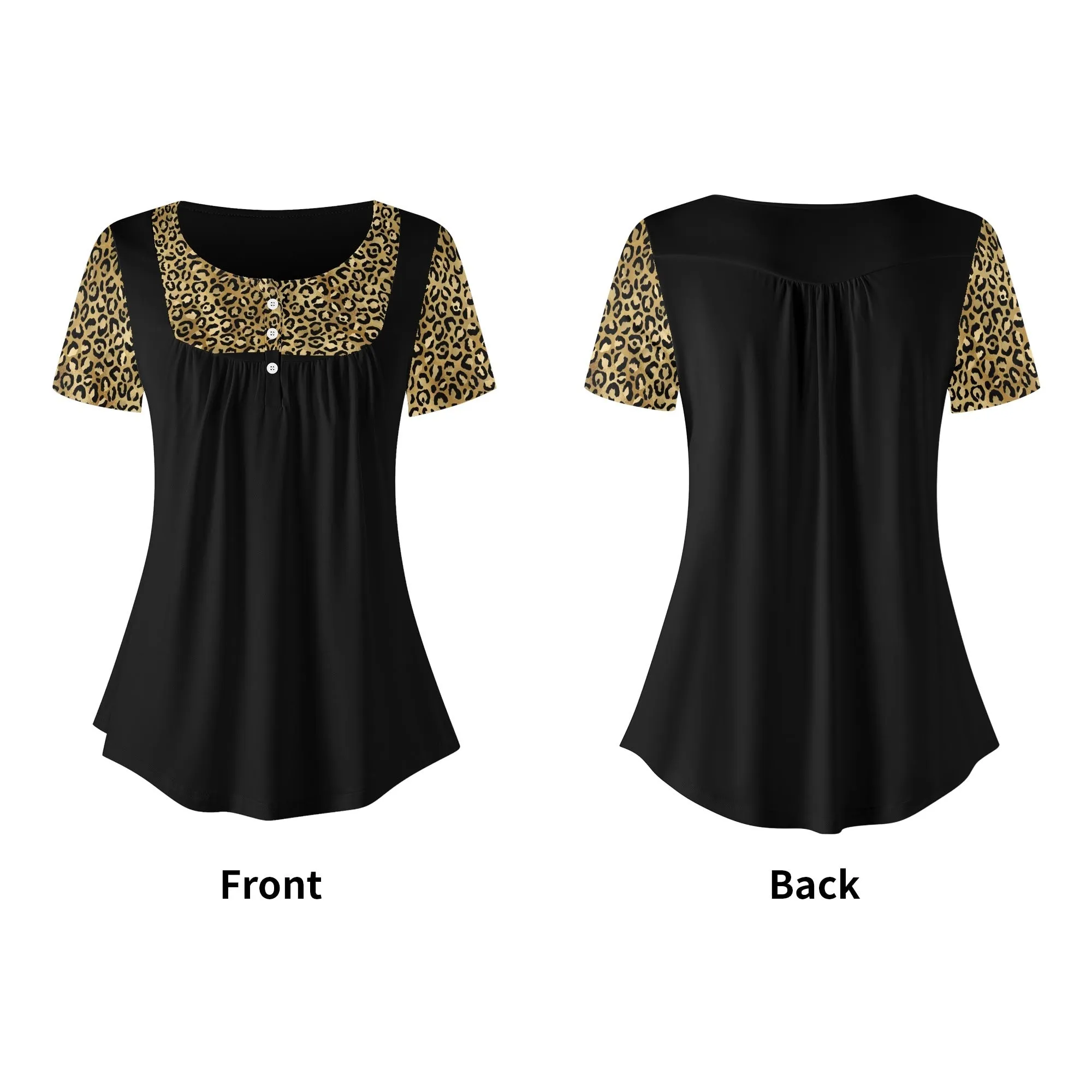 Women's Leopard Print Scoop Neck Short Sleeve Loose Blouse