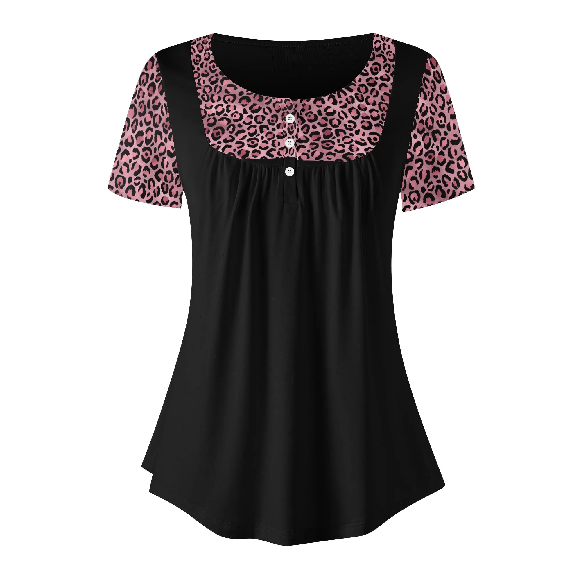 Women's Leopard Print Scoop Neck Short Sleeve Loose Blouse