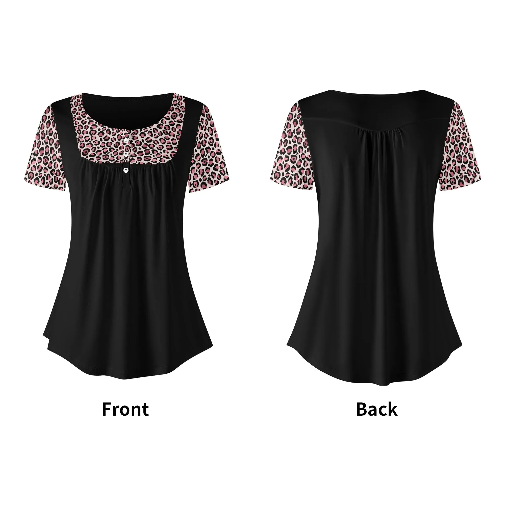 Women's Leopard Print Scoop Neck Short Sleeve Loose Blouse