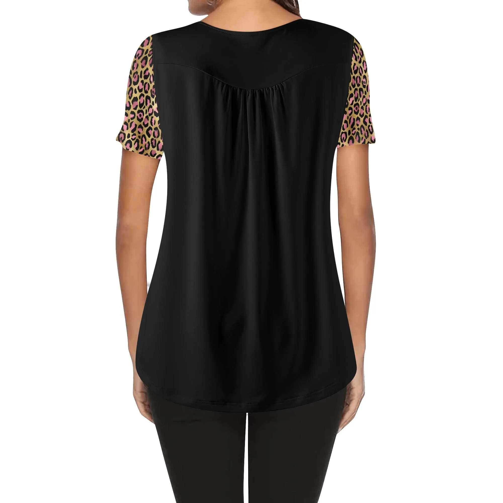 Women's Leopard Print Scoop Neck Short Sleeve Loose Blouse
