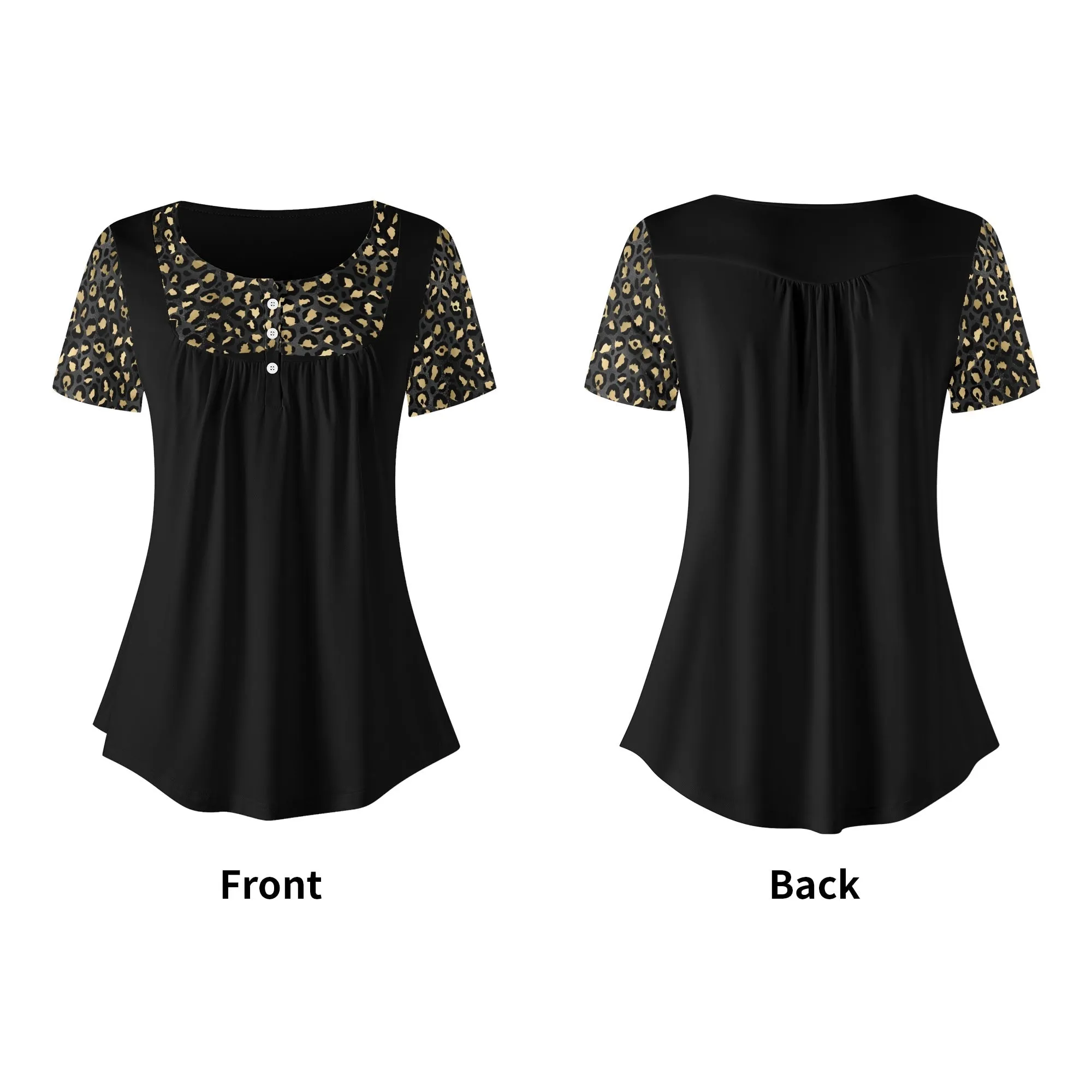 Women's Leopard Print Scoop Neck Short Sleeve Loose Blouse