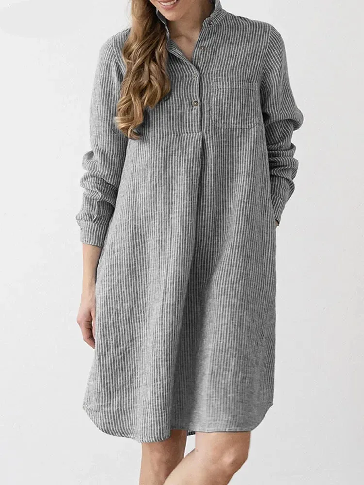 ZANZEA Women's Lapel Long Sleeve Striped Printed Bohemian Sundress