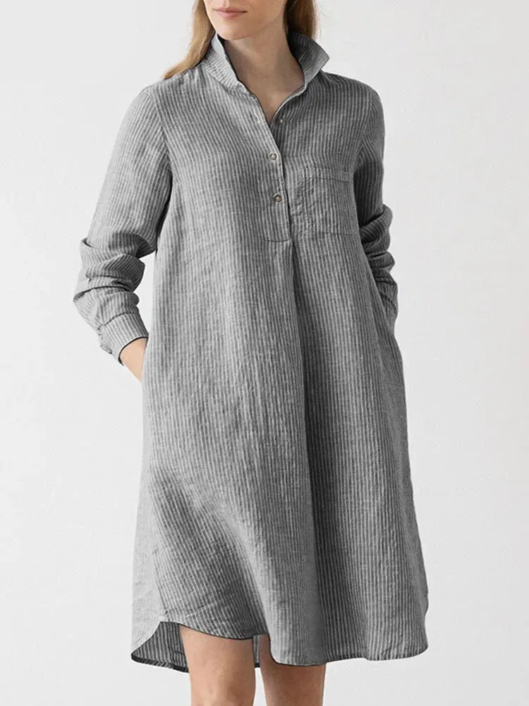 ZANZEA Women's Lapel Long Sleeve Striped Printed Bohemian Sundress