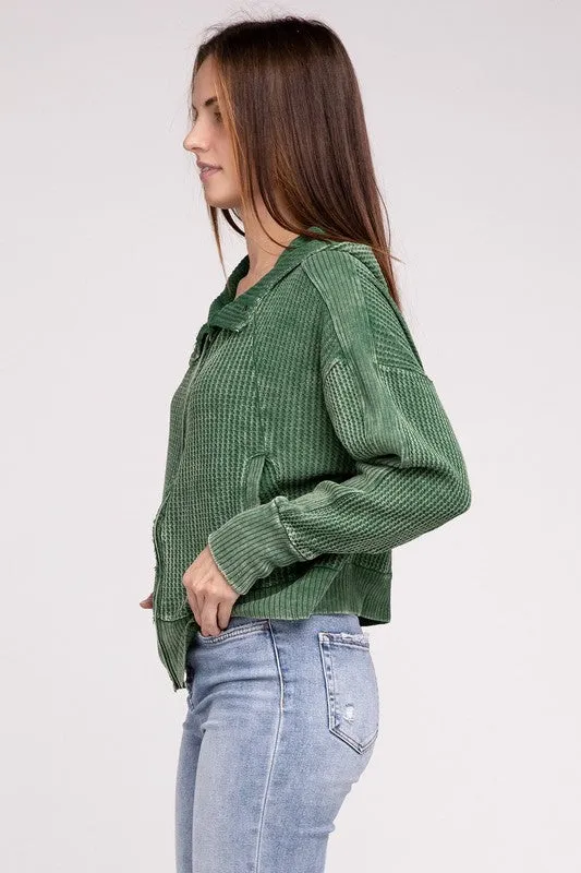 ZENANA Acid Wash Cotton Waffle Hooded Zip-Up Jacket