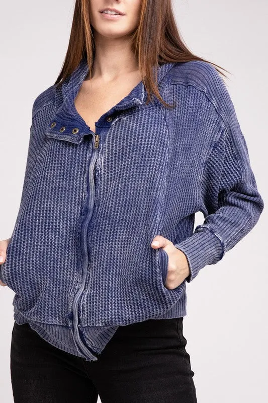 ZENANA Acid Wash Cotton Waffle Hooded Zip-Up Jacket