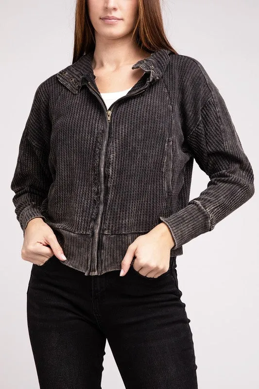 ZENANA Acid Wash Cotton Waffle Hooded Zip-Up Jacket