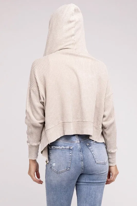 ZENANA Acid Wash Cotton Waffle Hooded Zip-Up Jacket