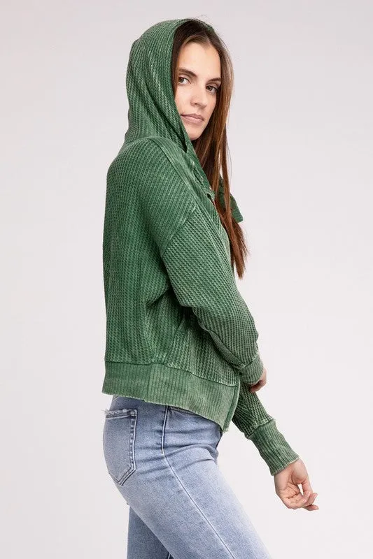 ZENANA Acid Wash Cotton Waffle Hooded Zip-Up Jacket