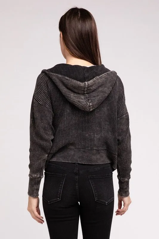 ZENANA Acid Wash Cotton Waffle Hooded Zip-Up Jacket