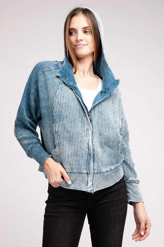 ZENANA Acid Wash Cotton Waffle Hooded Zip-Up Jacket