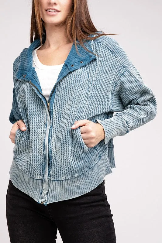 ZENANA Acid Wash Cotton Waffle Hooded Zip-Up Jacket