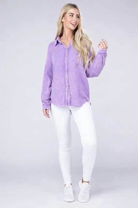 ZENANA Washed Double Gauze Button Down Shirt