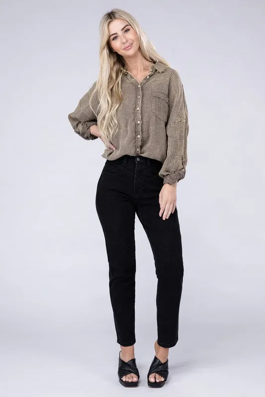 ZENANA Washed Double Gauze Button Down Shirt