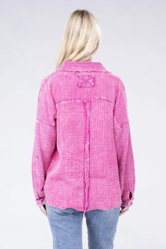 ZENANA Washed Double Gauze Button Down Shirt