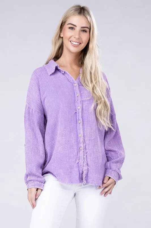 ZENANA Washed Double Gauze Button Down Shirt