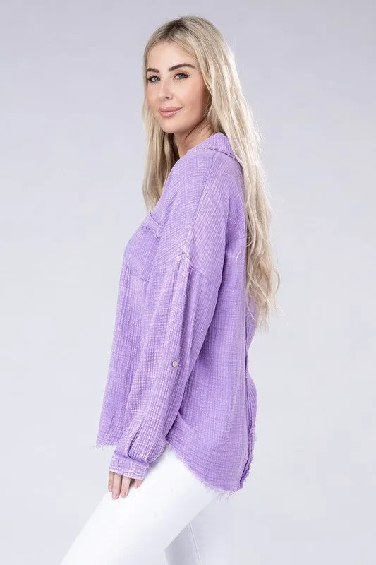 ZENANA Washed Double Gauze Button Down Shirt
