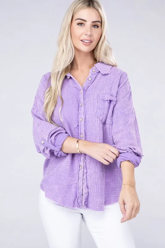 ZENANA Washed Double Gauze Button Down Shirt