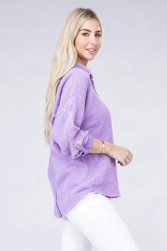 ZENANA Washed Double Gauze Button Down Shirt
