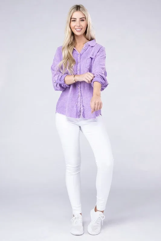 ZENANA Washed Double Gauze Button Down Shirt