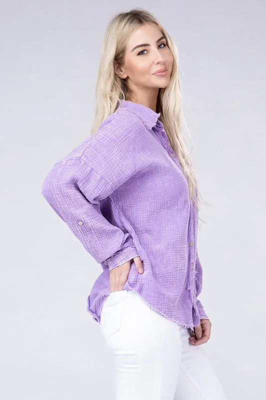 ZENANA Washed Double Gauze Button Down Shirt